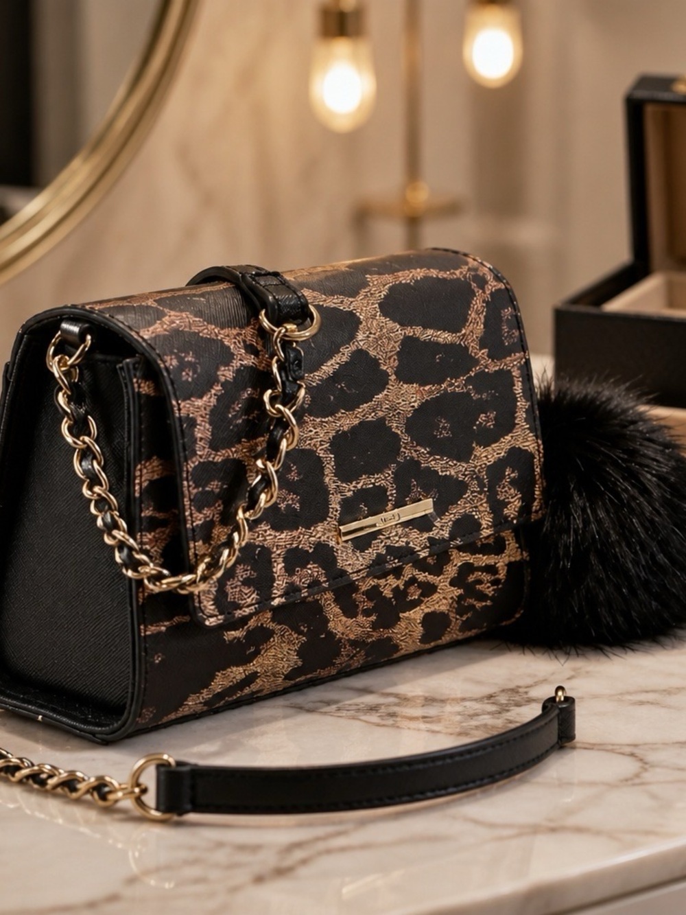 Aldo  Black and Gold Leopard Print Chain Crossbody Bag purse cross body w/puff
